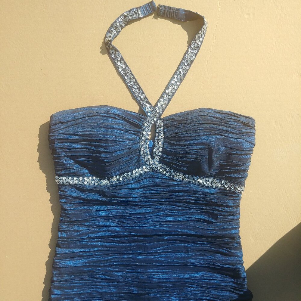 Y2K Suzy Shier sapphire blue ruched dress glitter silver sequin halter stra…